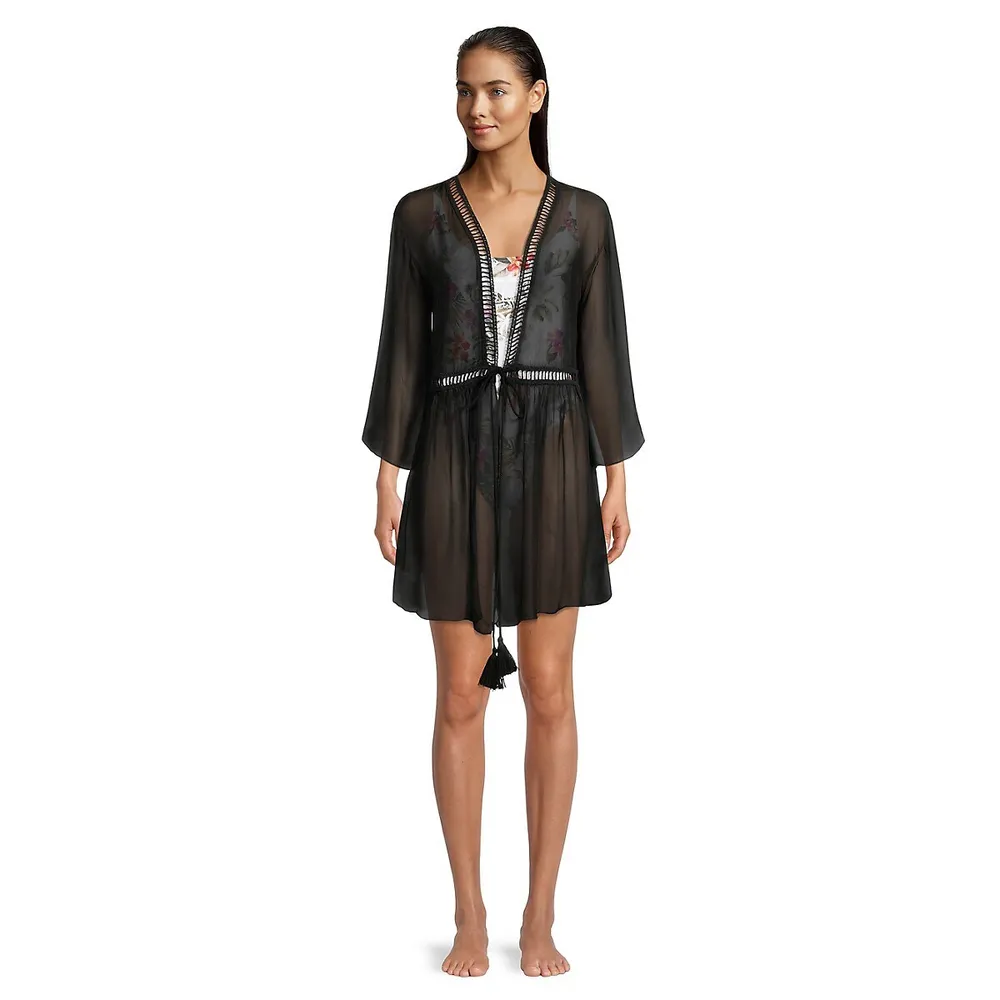 Embroidered Sheer Belted Coverup