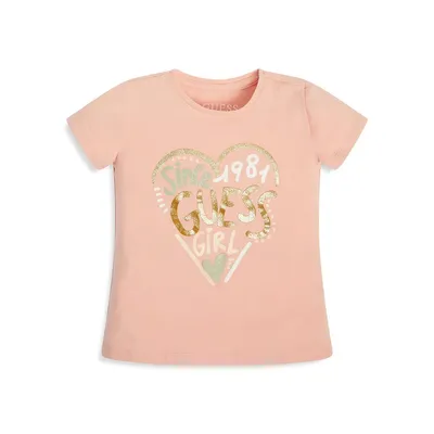 GUESS Little Girl's Glitter-Logo Lettuce-Trim T-Shirt