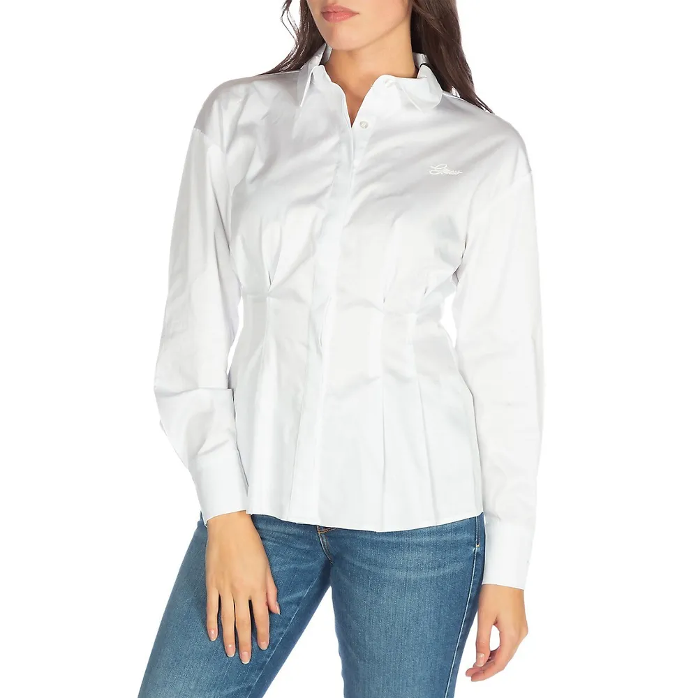 Long Sleeve Poplin Shirt with Pinstripe Corset