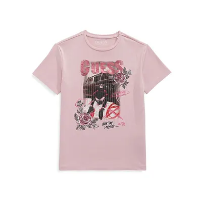 GUESS Little Girl's Glitter-Logo Lettuce-Trim T-Shirt