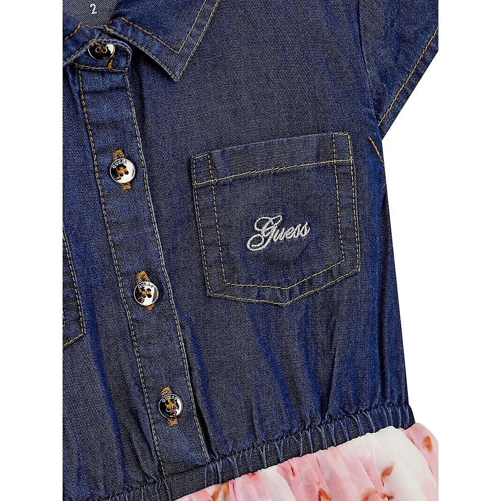 Little Girl's Denim & Cherry Blossom-Print Dress