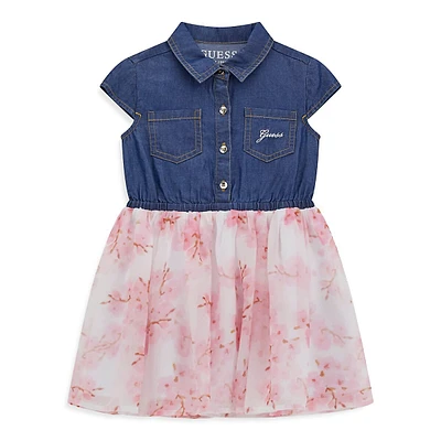 Little Girl's Denim & Cherry Blossom-Print Dress
