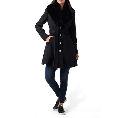 Nora Faux Fur-Collar Melton Coat