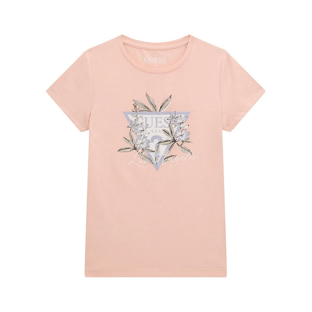 Girl's Organic Cotton-Blend Floral-Logo T-Shirt