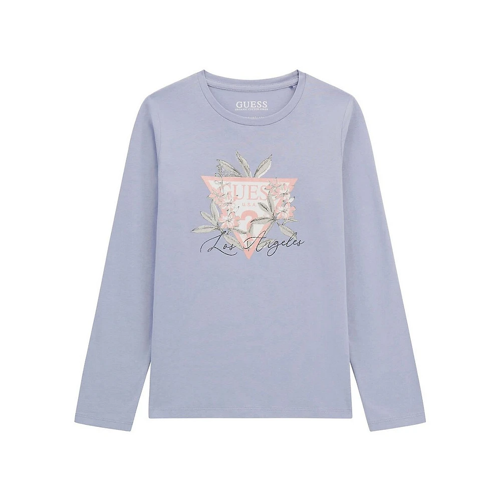 Girl's Organic Cotton-Blend Floral-Logo Long-Sleeve T-Shirt