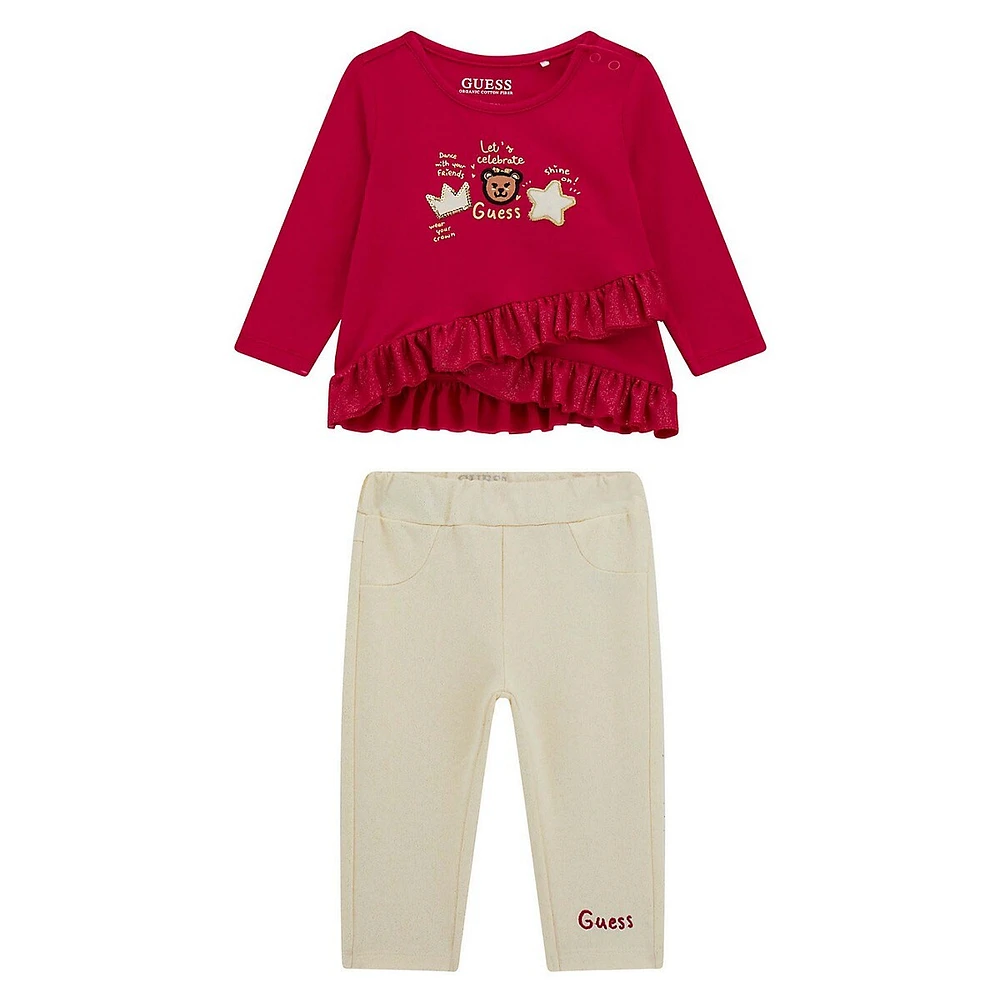 Baby Girl's 2-Piece Glitter Ruffle-Trim Shirt & Leggings Set