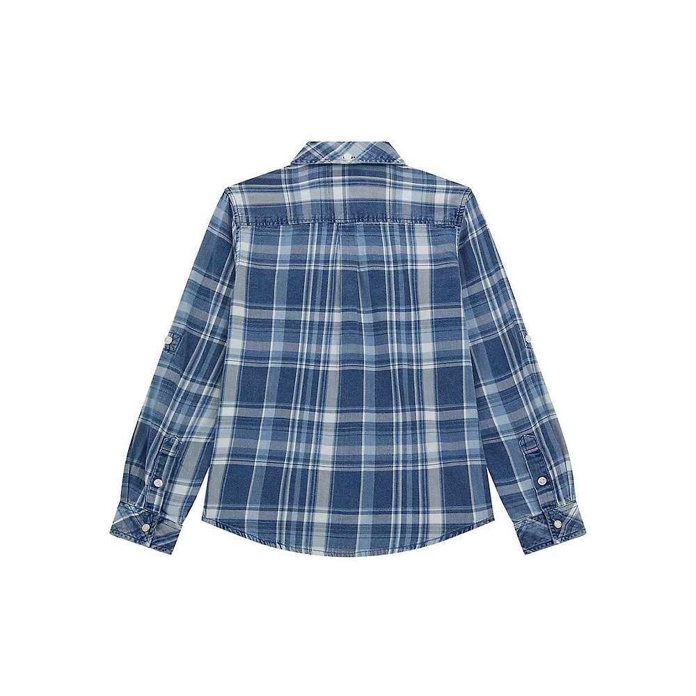 Boy's Plaid Indigo Twill Roll Tab-Sleeve Shirt