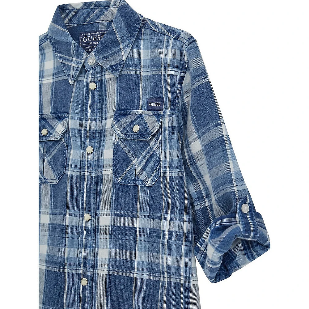 Boy's Plaid Indigo Twill Roll Tab-Sleeve Shirt