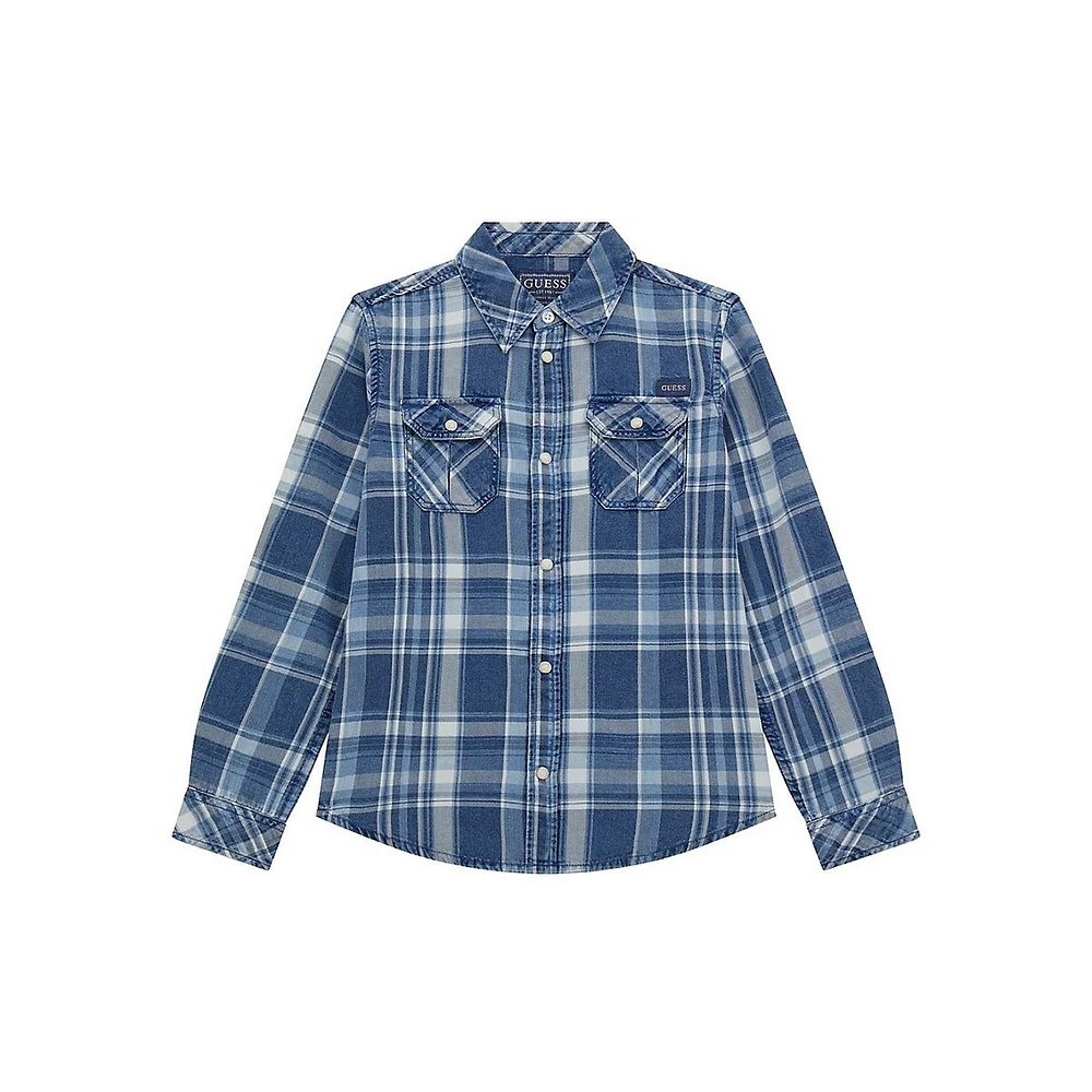 Boy's Plaid Indigo Twill Roll Tab-Sleeve Shirt