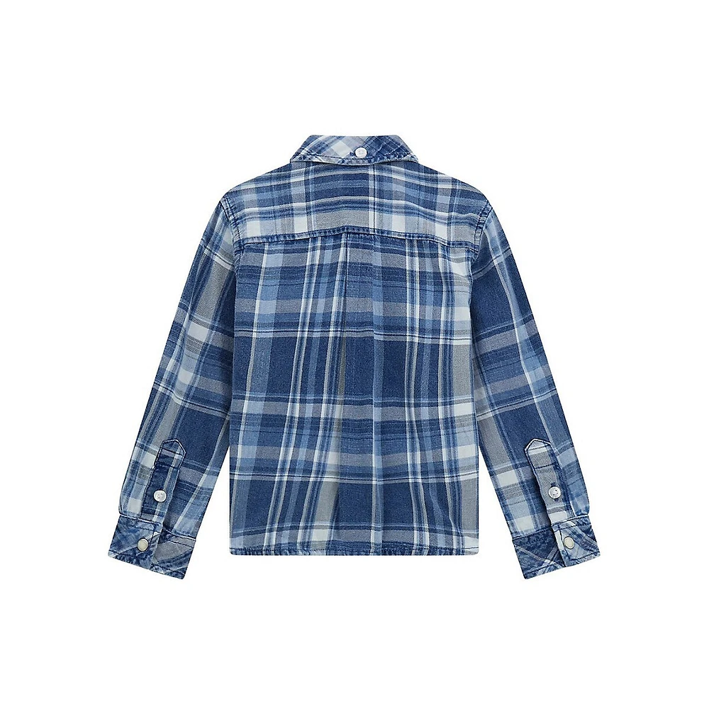 Little Kid's Plaid Indigo Twill Roll Tab-Sleeve Shirt