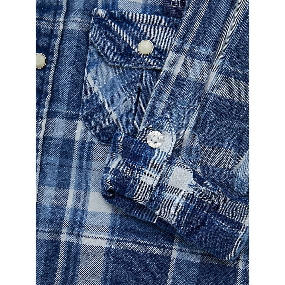 Little Kid's Plaid Indigo Twill Roll Tab-Sleeve Shirt