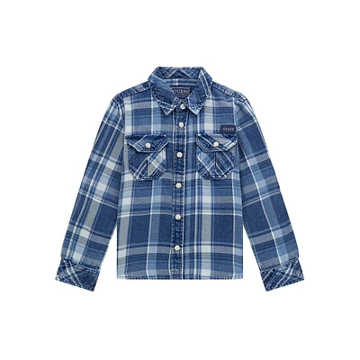 Little Kid's Plaid Indigo Twill Roll Tab-Sleeve Shirt