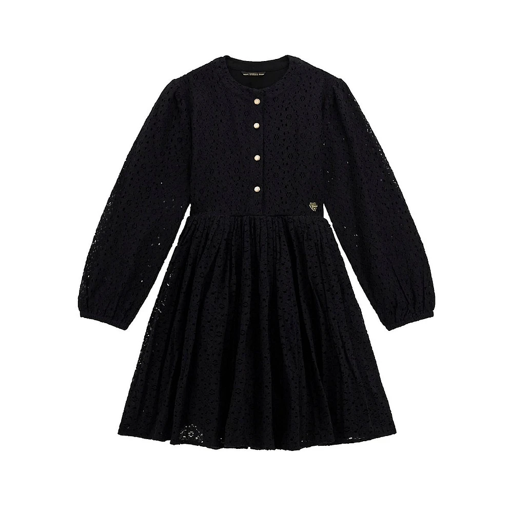 Little Girl's Long-Sleeve Lace Pleated Dress