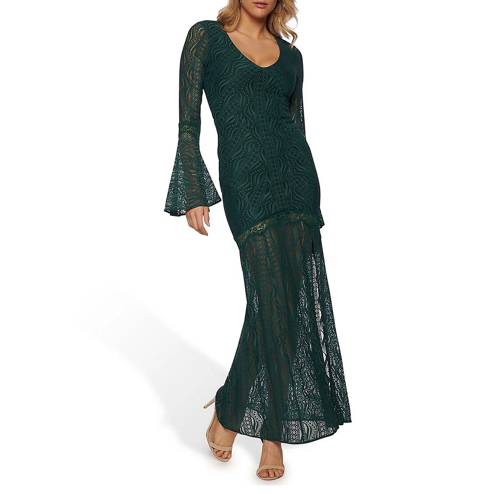 Phoenix Bell-Sleeve Stretch Lace Maxi Dress