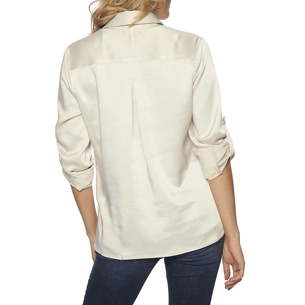 Anastasia Tab-Sleeve Satin Shirt