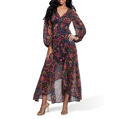 Bianca V-Neck Puff-Sleeve Boho Maxi Dress