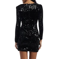 Adaline Long-Sleeve Ruched Sequin Mini Dress