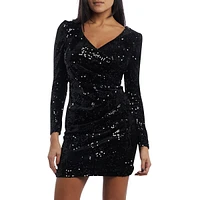 Adaline Long-Sleeve Ruched Sequin Mini Dress