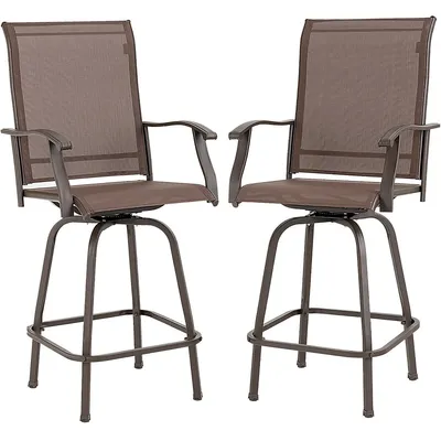 2pcs Patio Swivel Bar Stools Chairs 360 Rotation Barstool Armrest Brown