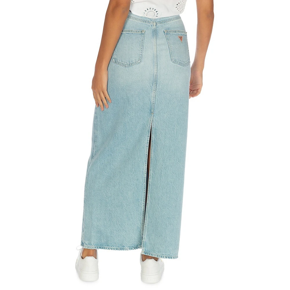 Wenona Back-Slit Denim Maxi Skirt