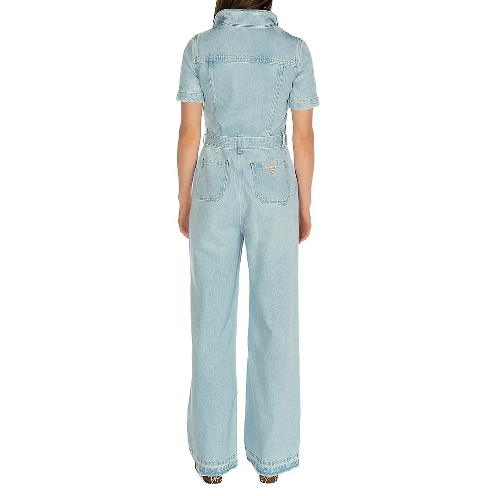 Eco Brenda Short-Sleeve Wide-Leg Denim Jumpsuit