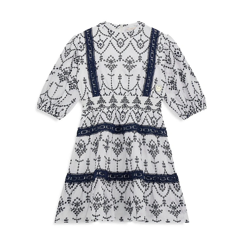 Girl's Sangallo Lace Puff-Sleeve Dress