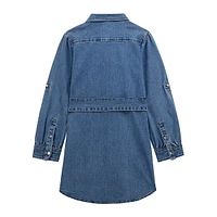 Girl's Convertible-Sleeve Stretch-Denim Shirt Dress