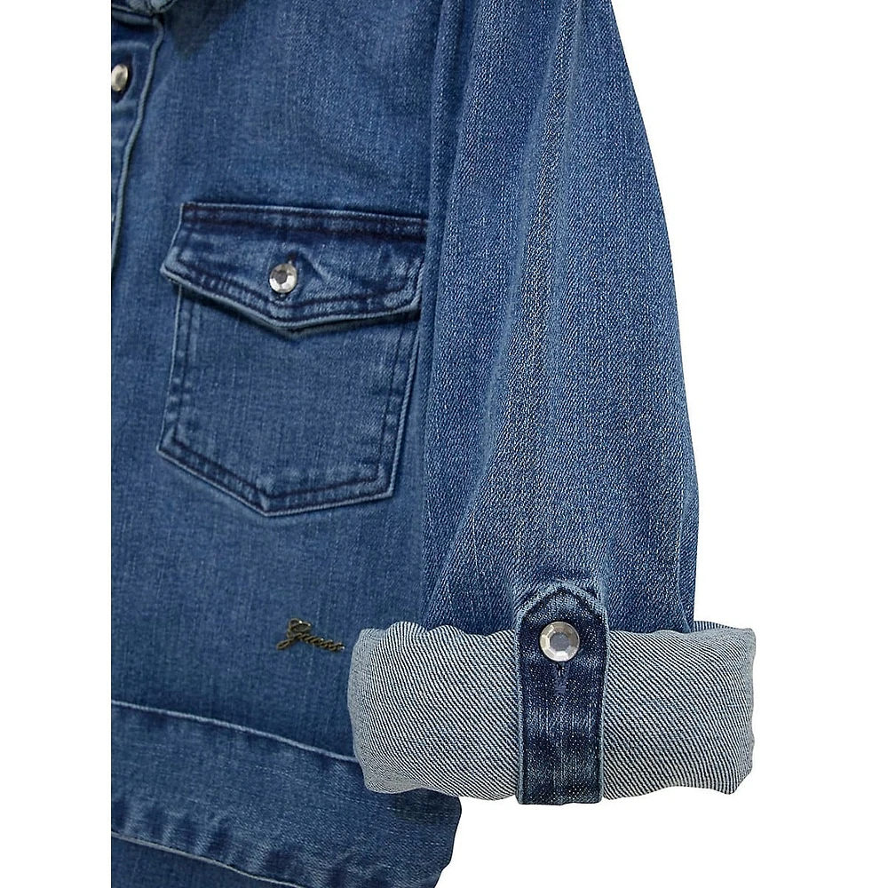 Girl's Convertible-Sleeve Stretch-Denim Shirt Dress