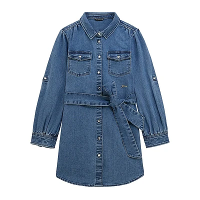 Girl's Convertible-Sleeve Stretch-Denim Shirt Dress