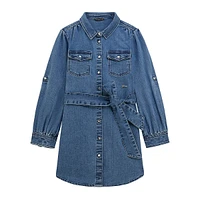 Girl's Convertible-Sleeve Stretch-Denim Shirt Dress