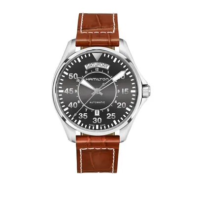Analog Pilot Day Date Leather Strap Watch H64615585