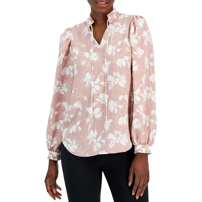 Ruffle Printed Tie-Neck Blouse