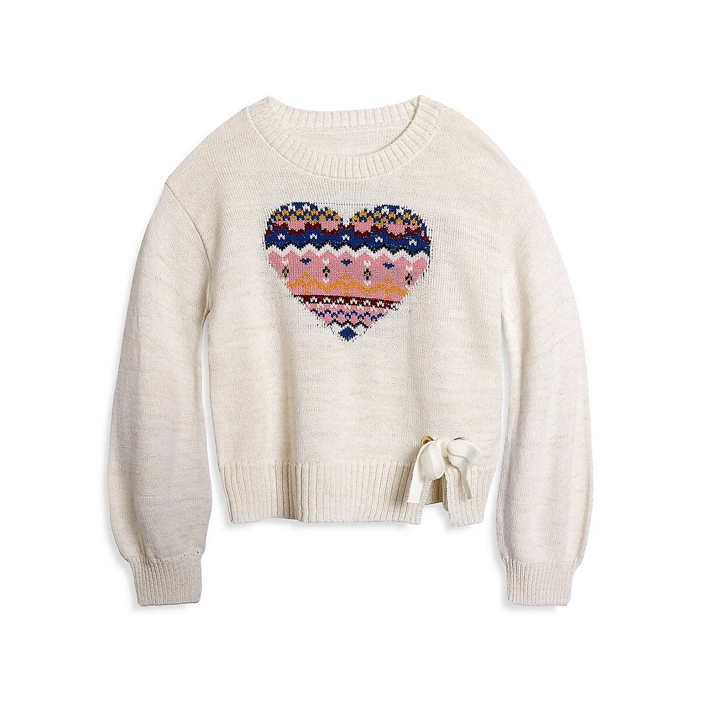 Girl's Intarsia-Knit Heart Bow Sweater