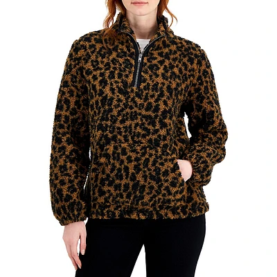 Plus Animal-Print Faux Shearling Half-Zip Sweater