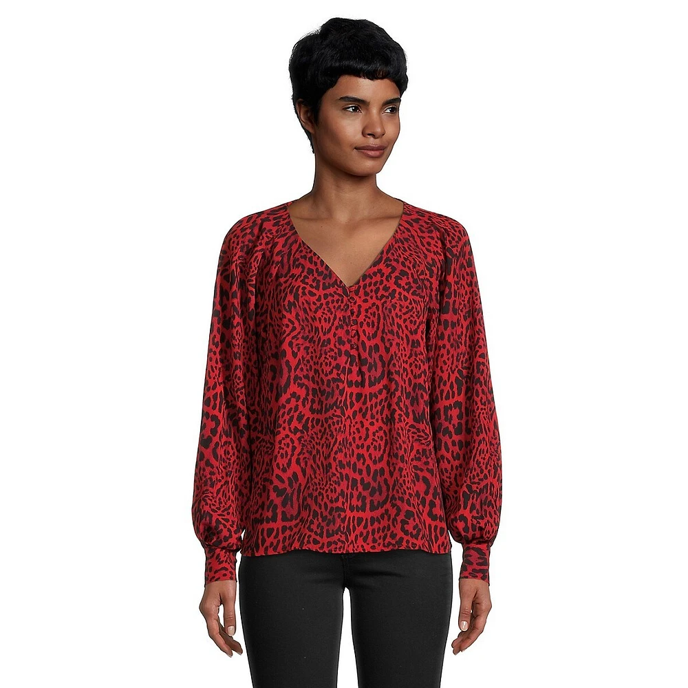 Printed Pleated Raglan-Sleeve Top