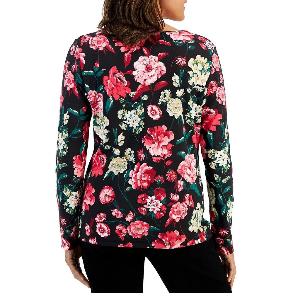 Long-Sleeve Rose Print Top