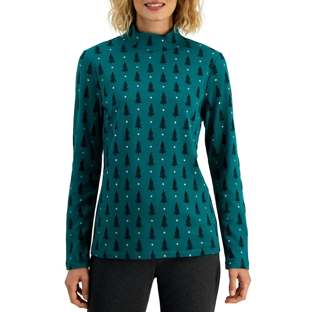 Xmas Tree Print Mockneck Top