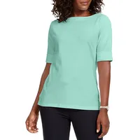 Cotton Elbow-Sleeve Boatneck Top