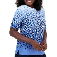 Dot Print Boatneck Elbow-Sleeve Top