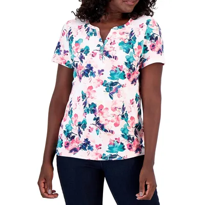 Petite Layered Floral Printed Henley Top