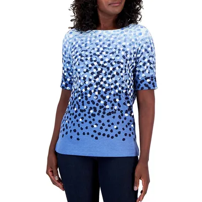 Petite Dot Print Boatneck Elbow-Sleeve Top