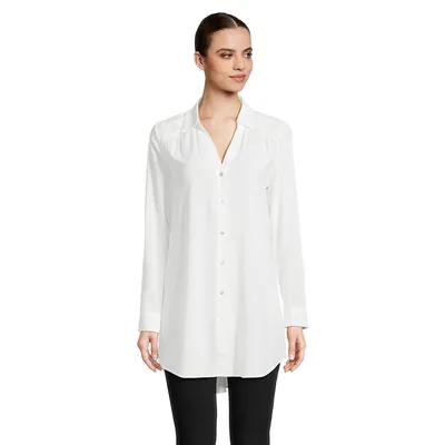 Roll-Tab Button-Down V-Neck Blouse