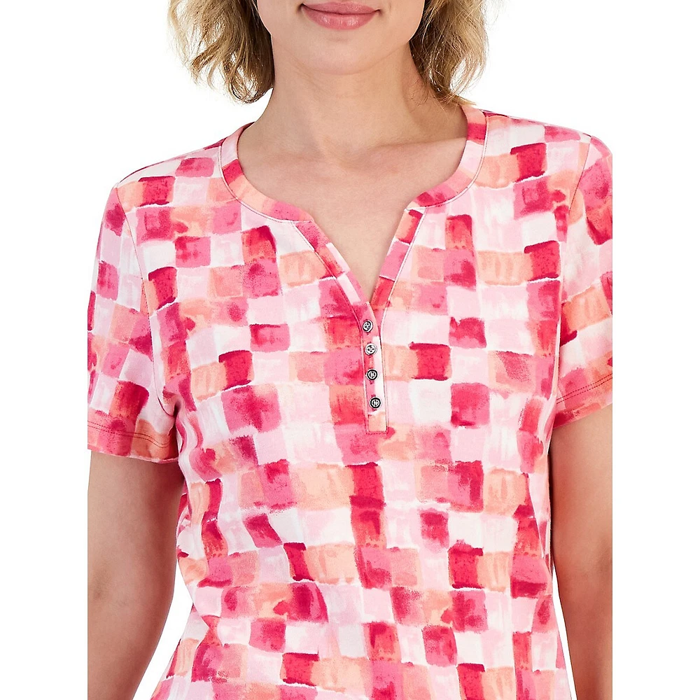 Petite Brushy Tile-Print Henley Top