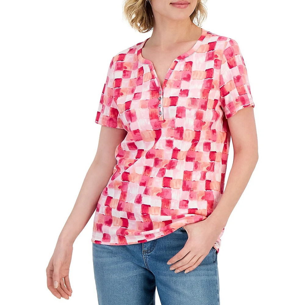 Petite Brushy Tile-Print Henley Top