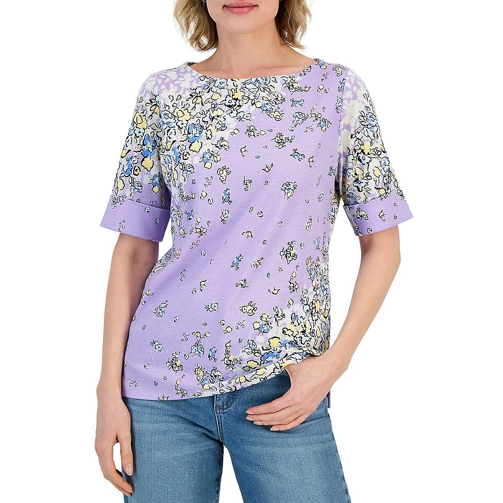 Petite ​Giverny Garden Boatneck Elbow-Sleeve Top