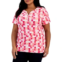 Plus Brushy Tile-Print Henley Top