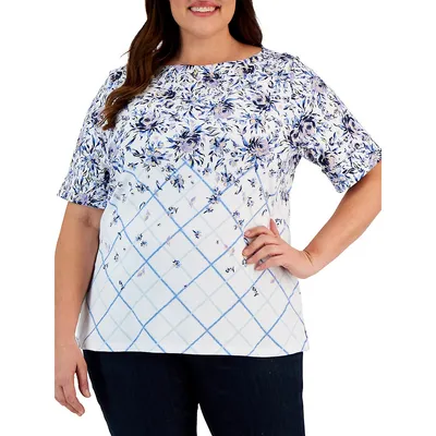 Plus Relaxed-Fit Floral-Print Boatneck Top
