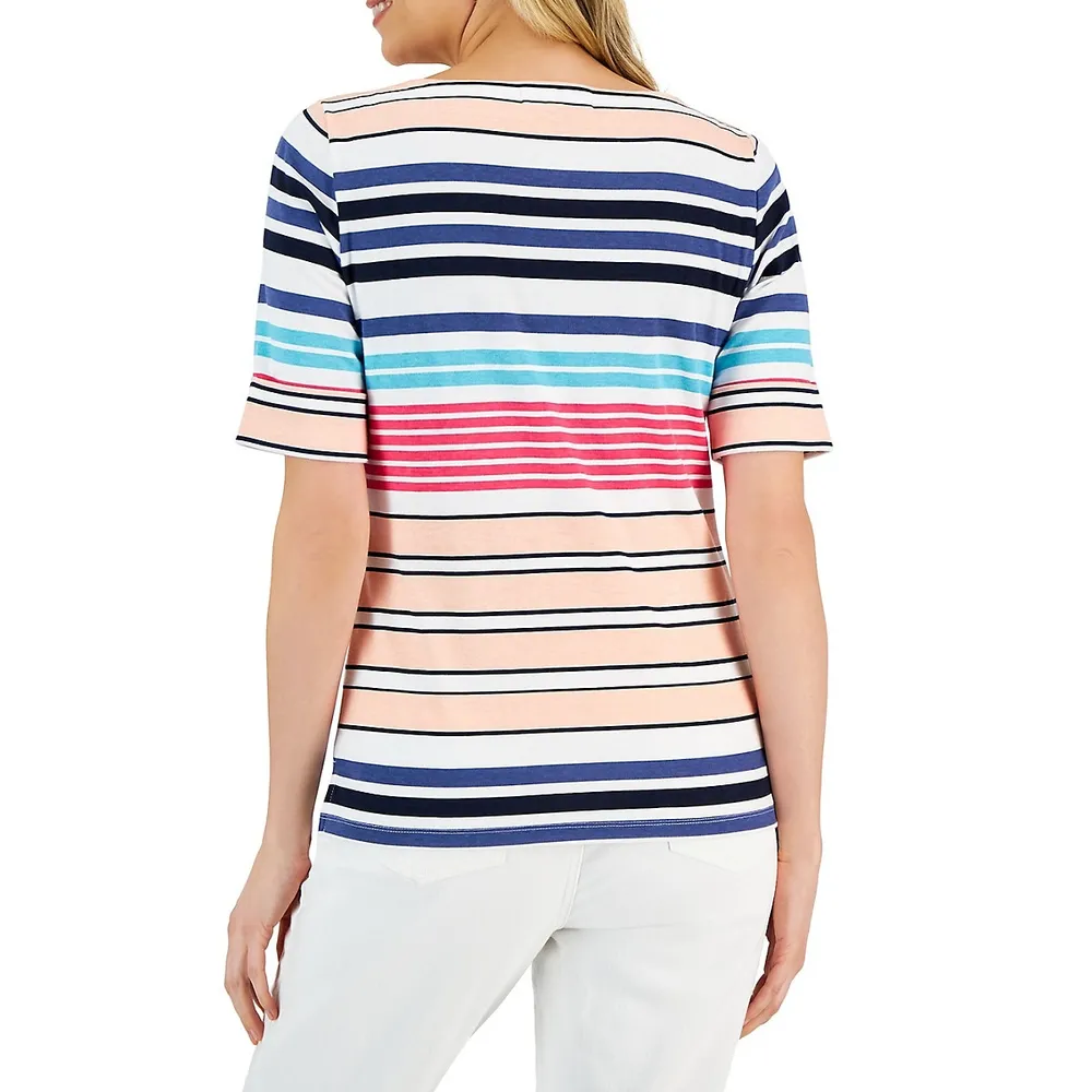 Petite Erica Striped Boatneck Elbow-Sleeve Top