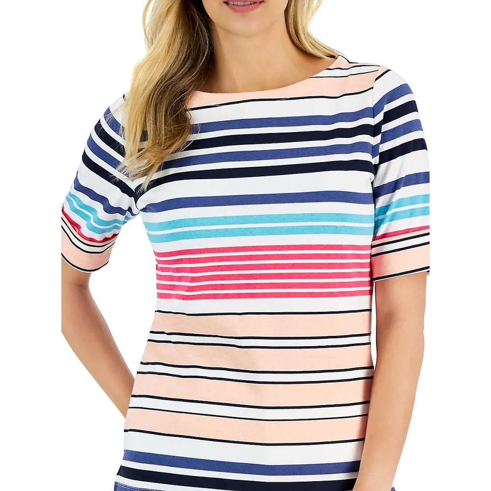 Petite Erica Striped Boatneck Elbow-Sleeve Top