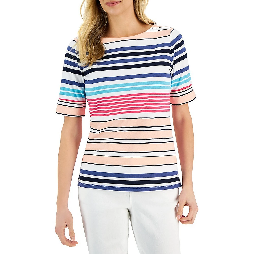 Petite Erica Striped Boatneck Elbow-Sleeve Top